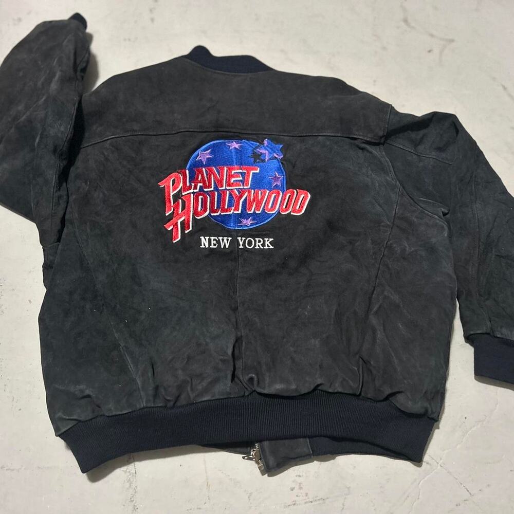 **Vintage Planet Hollywood Black Suede Leather Bomber Jacket - New York Logo**